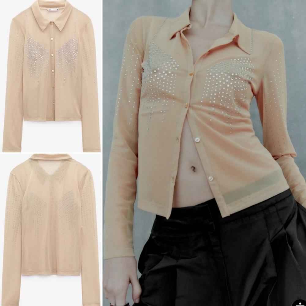 Nwt! Zara Rhinestone Tulle Shirt